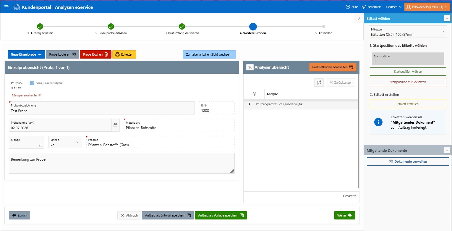 Tabellarische Bearbeitung weiterer Proben in eService®